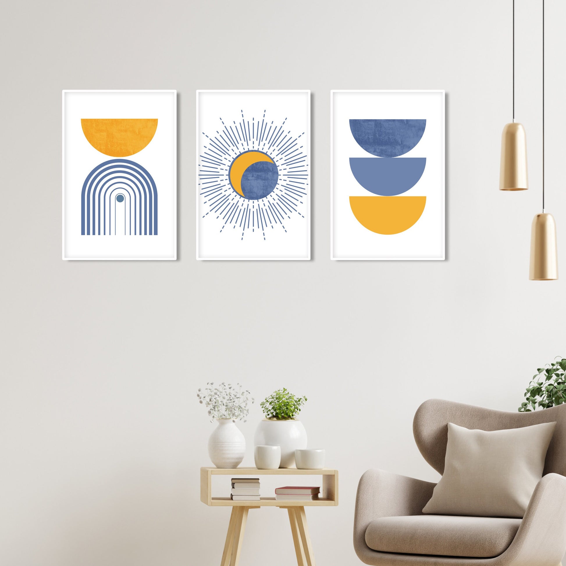 Three-piece abstract boho wall art set with blue and mustard geometric shapes, unframed.