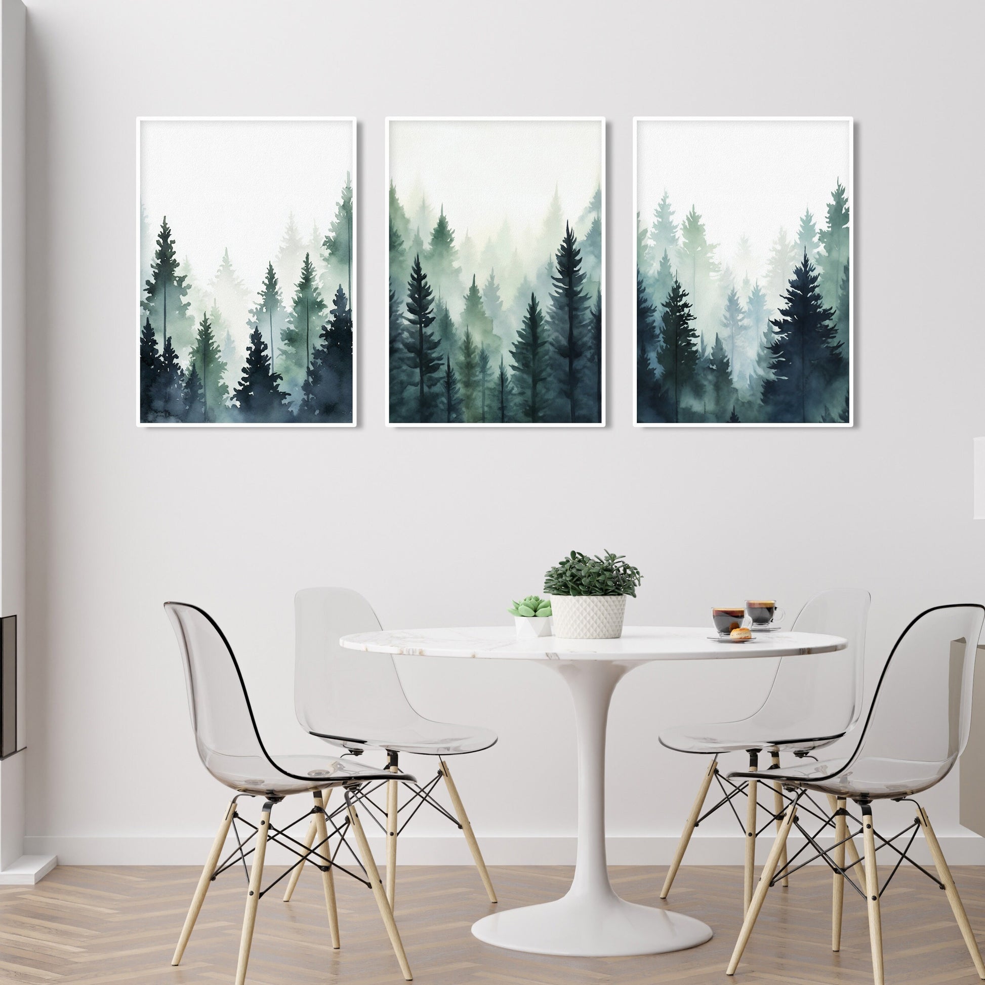 Blue green foggy pine trees, mountain forest set of 3 prints. Nordic wall art, Watercolor Pine Trees, Mountain Foggy Nature Wall Art