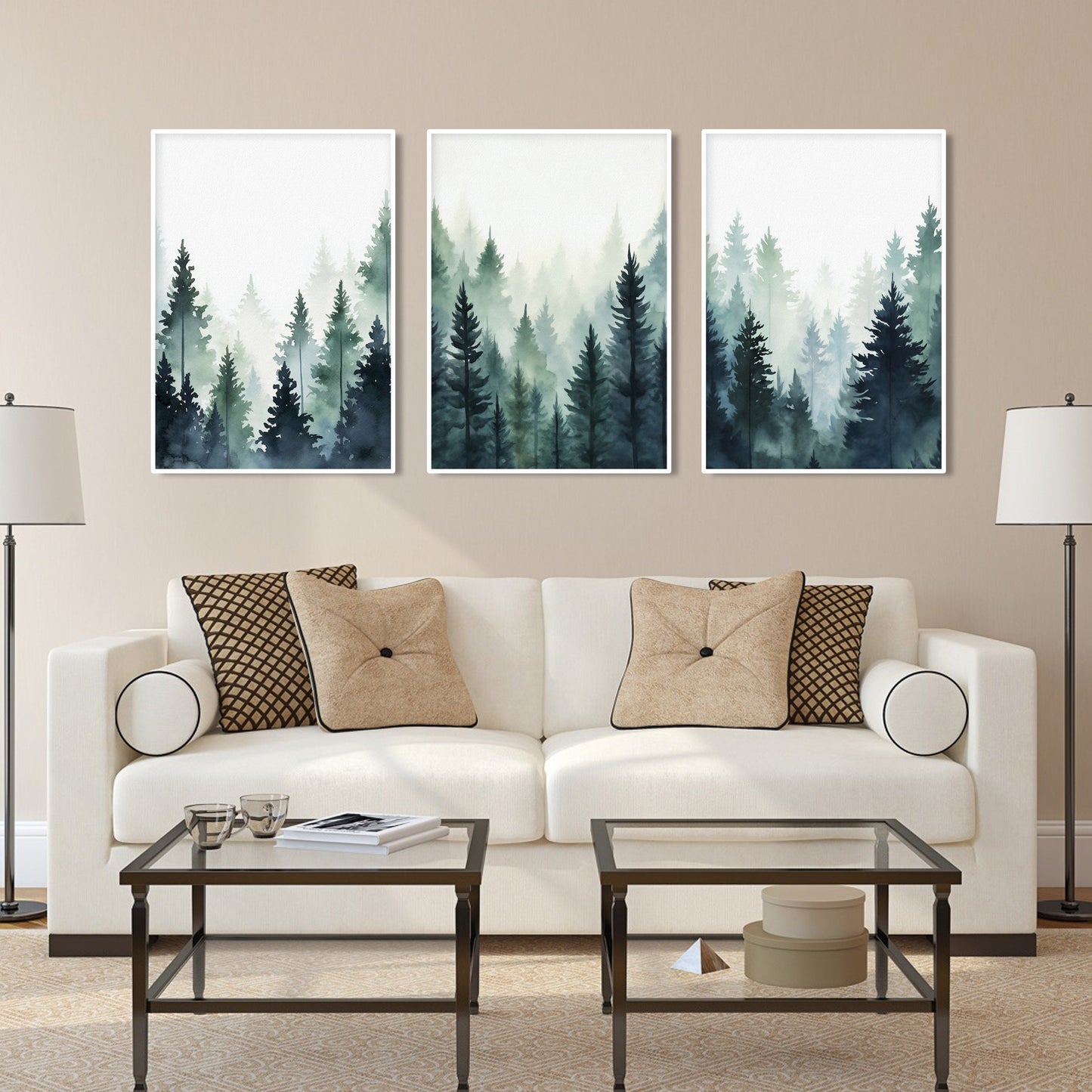 Blue green foggy pine trees, mountain forest set of 3 prints. Nordic wall art, Watercolor Pine Trees, Mountain Foggy Nature Wall Art