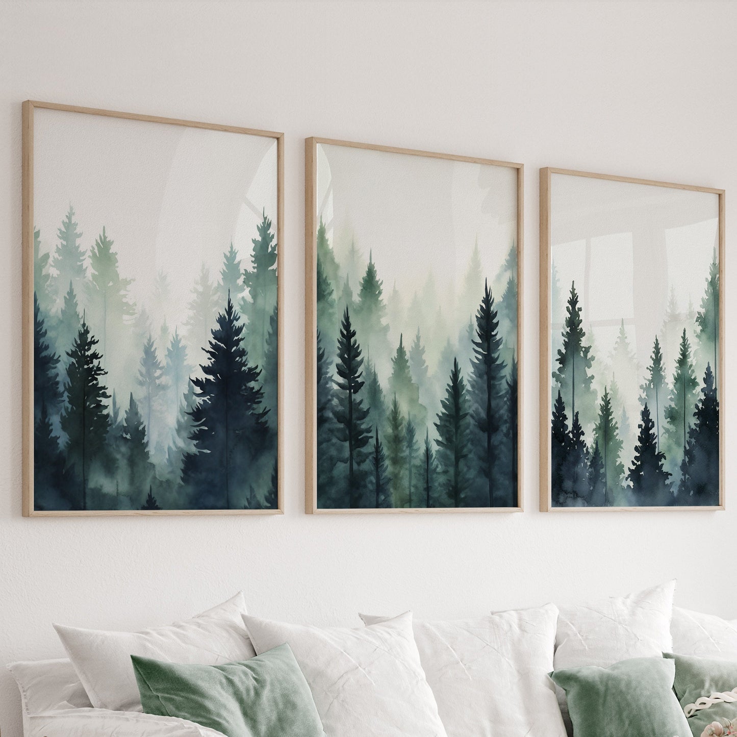 Blue green foggy pine trees, mountain forest set of 3 prints. Nordic wall art, Watercolor Pine Trees, Mountain Foggy Nature Wall Art