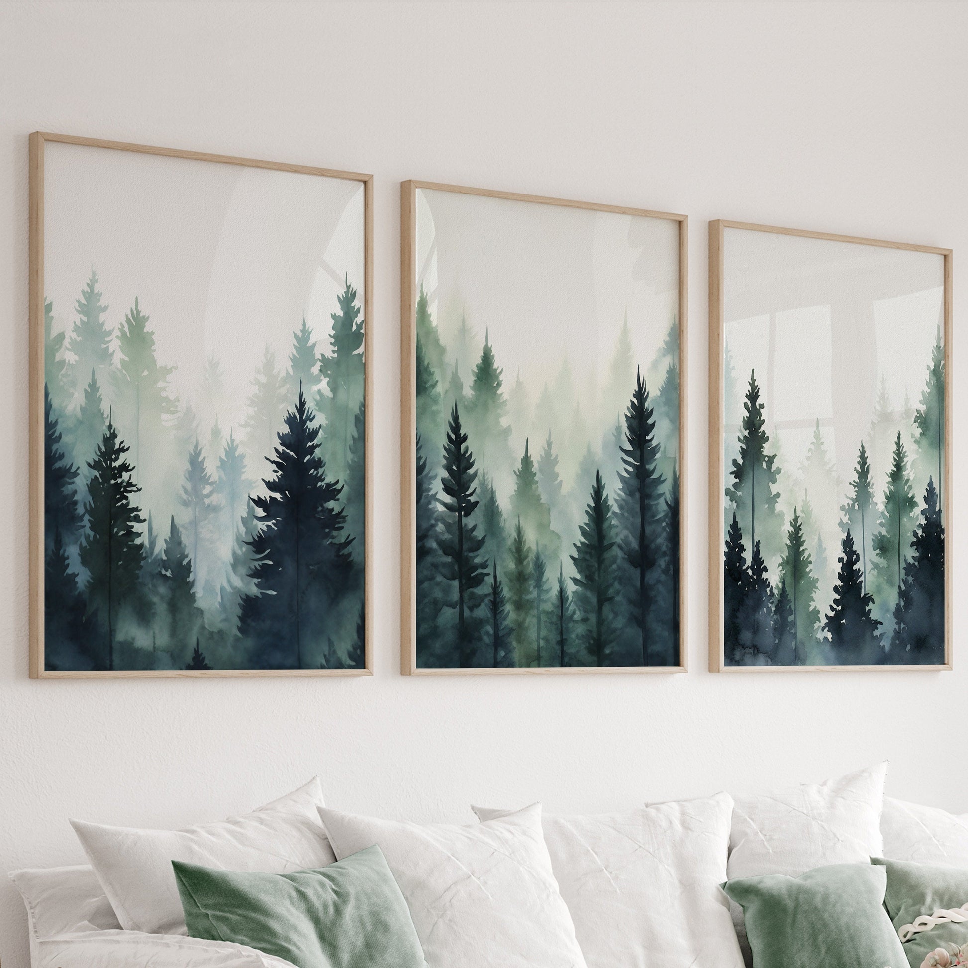 Blue green foggy pine trees, mountain forest set of 3 prints. Nordic wall art, Watercolor Pine Trees, Mountain Foggy Nature Wall Art