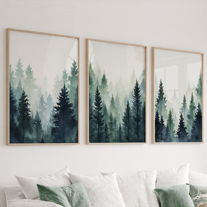 Blue green foggy pine trees, mountain forest set of 3 prints. Nordic wall art, Watercolor Pine Trees, Mountain Foggy Nature Wall Art