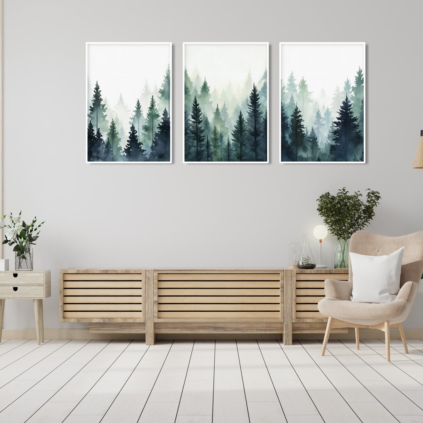 Blue green foggy pine trees, mountain forest set of 3 prints. Nordic wall art, Watercolor Pine Trees, Mountain Foggy Nature Wall Art