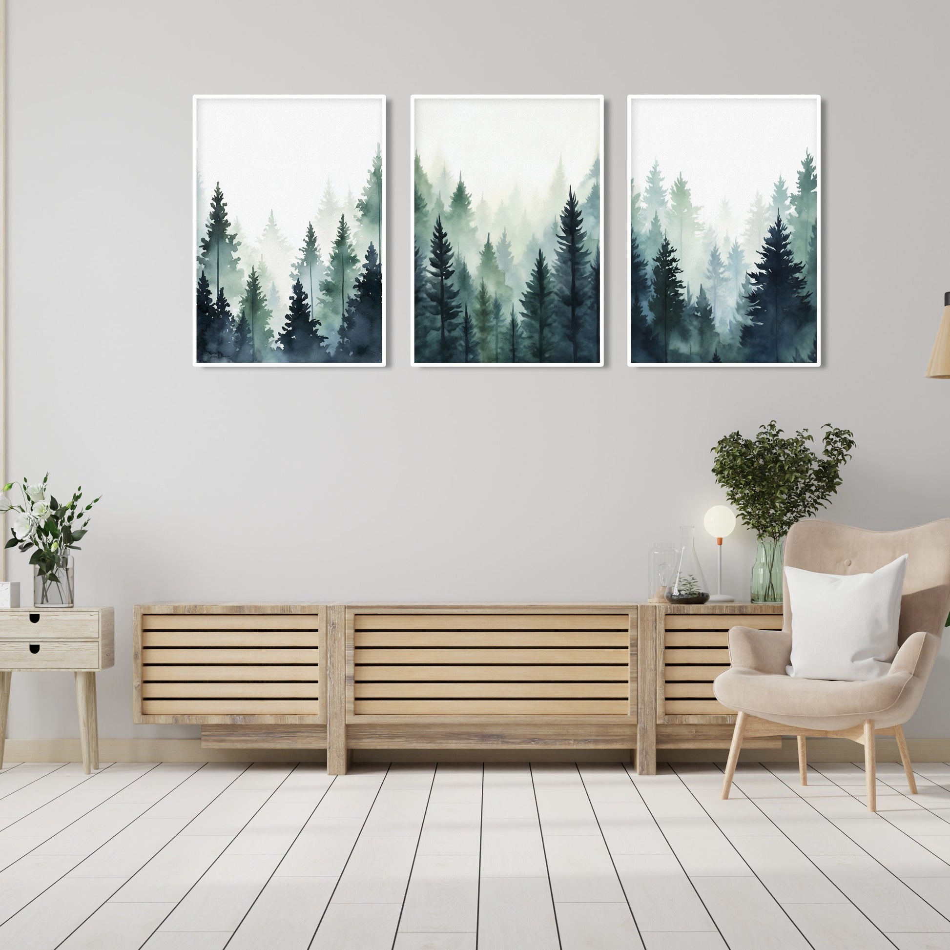 Blue green foggy pine trees, mountain forest set of 3 prints. Nordic wall art, Watercolor Pine Trees, Mountain Foggy Nature Wall Art