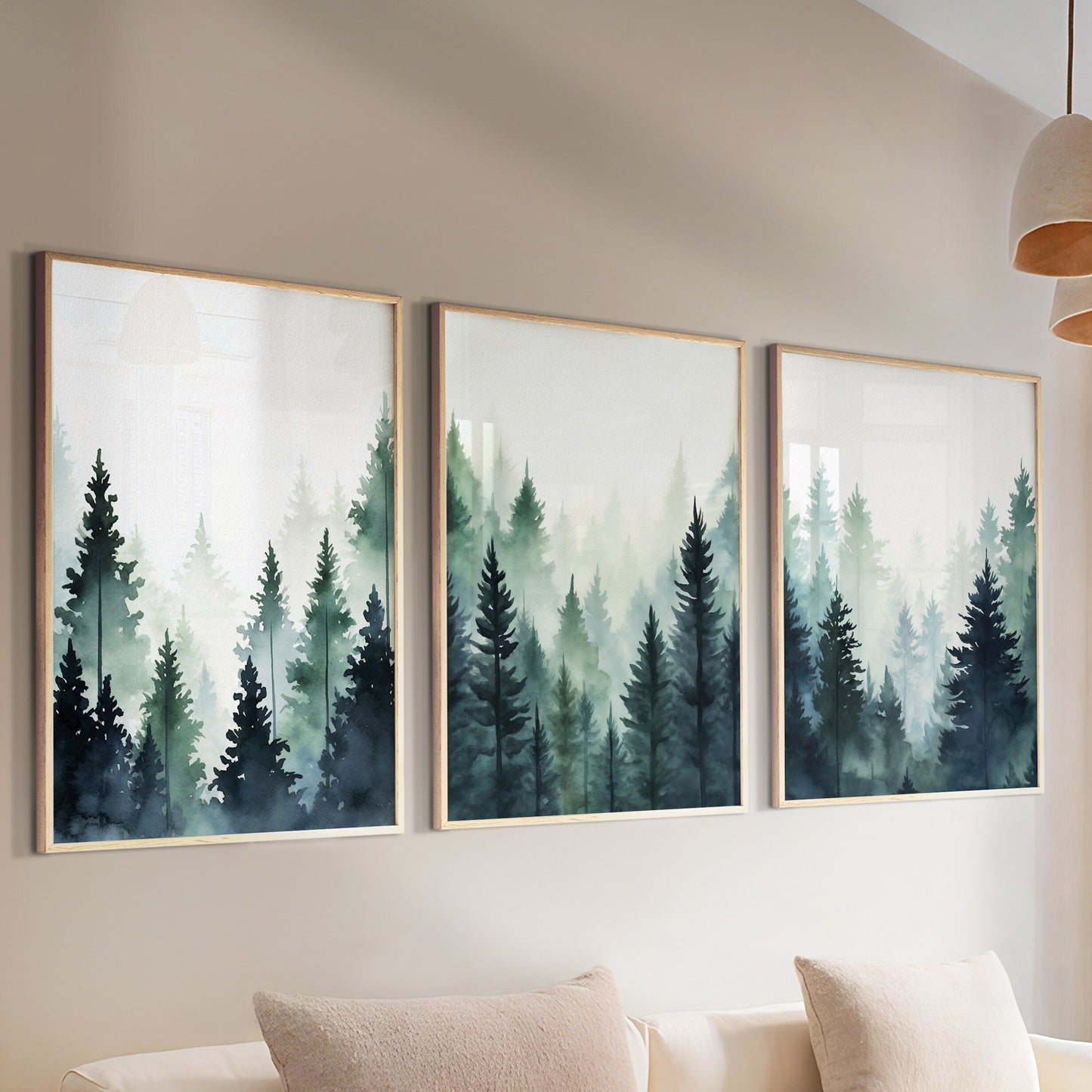 Blue green foggy pine trees, mountain forest set of 3 prints. Nordic wall art, Watercolor Pine Trees, Mountain Foggy Nature Wall Art