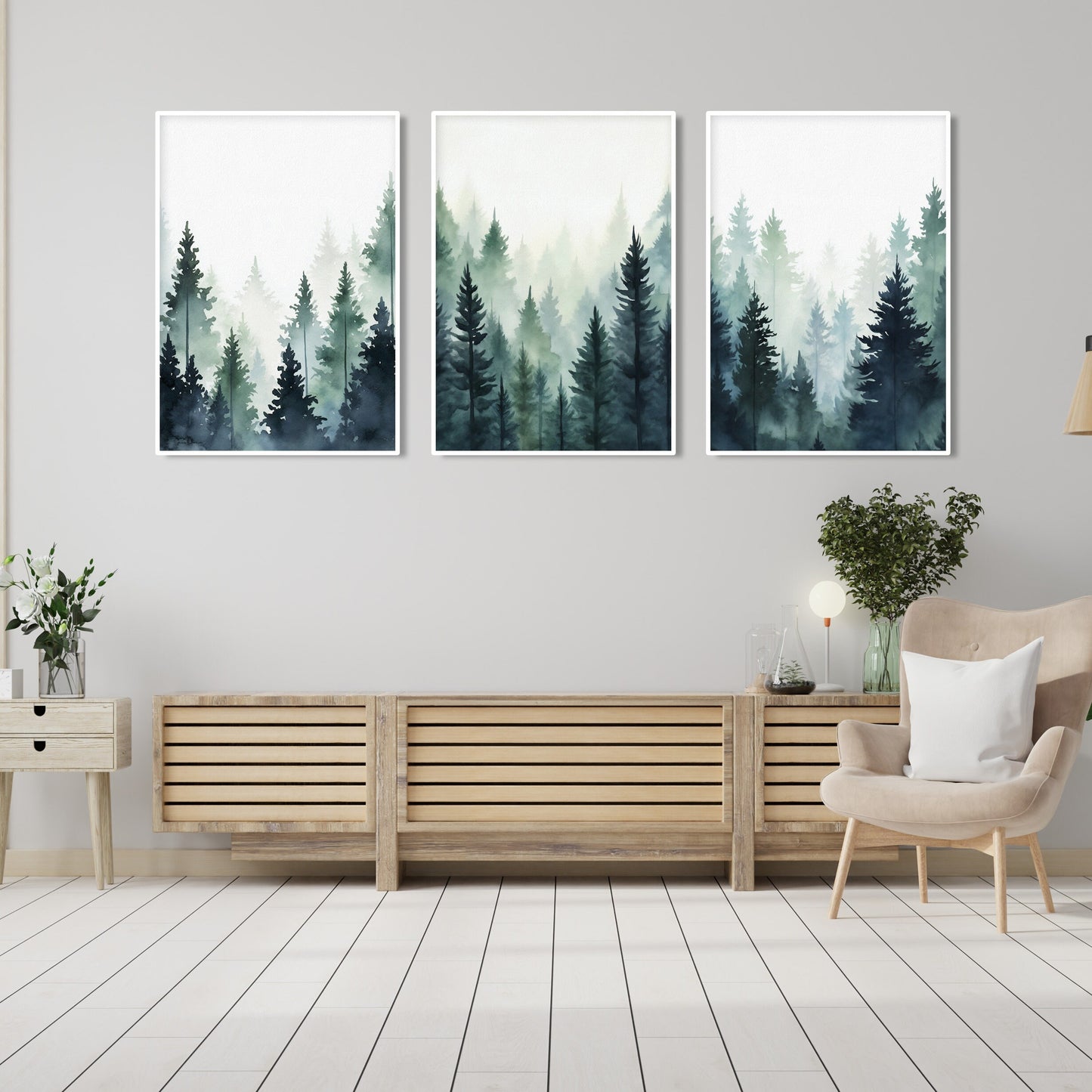 Blue green foggy pine trees, mountain forest set of 3 prints. Nordic wall art, Watercolor Pine Trees, Mountain Foggy Nature Wall Art