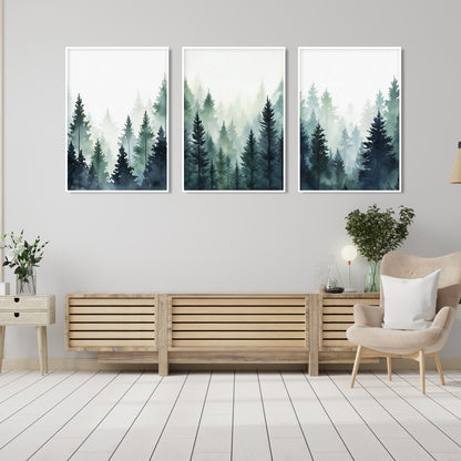 Blue green foggy pine trees, mountain forest set of 3 prints. Nordic wall art, Watercolor Pine Trees, Mountain Foggy Nature Wall Art