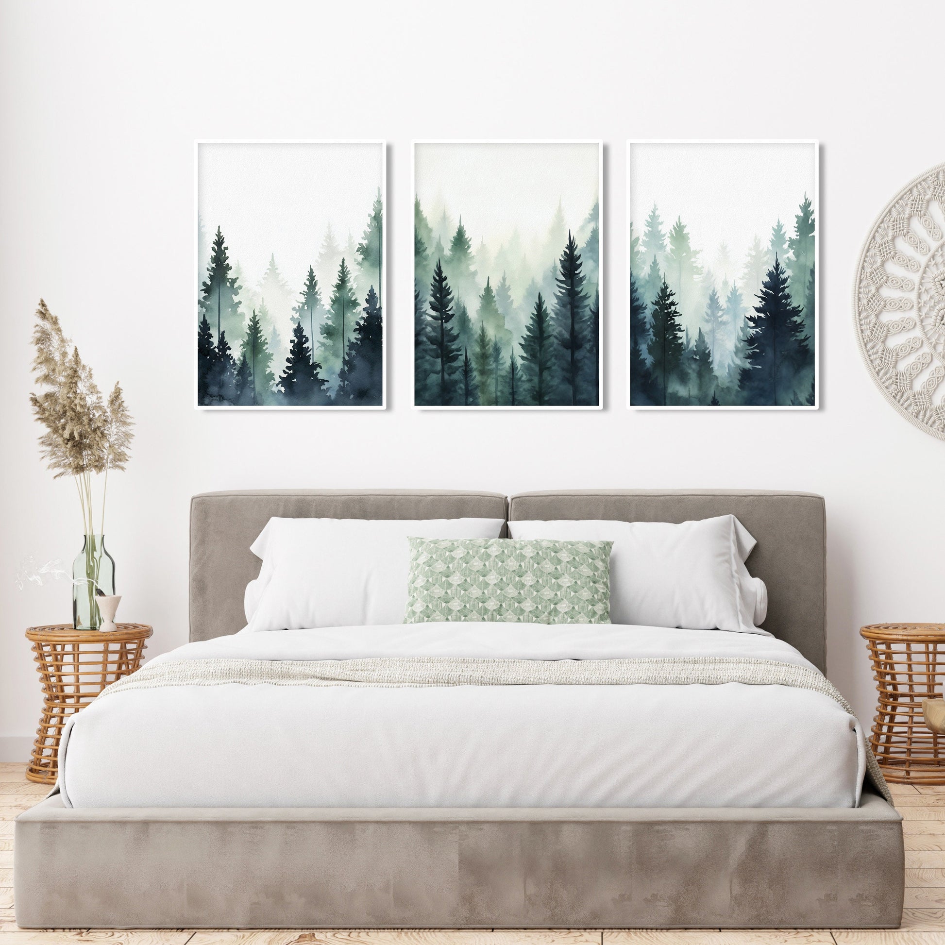 Blue green foggy pine trees, mountain forest set of 3 prints. Nordic wall art, Watercolor Pine Trees, Mountain Foggy Nature Wall Art