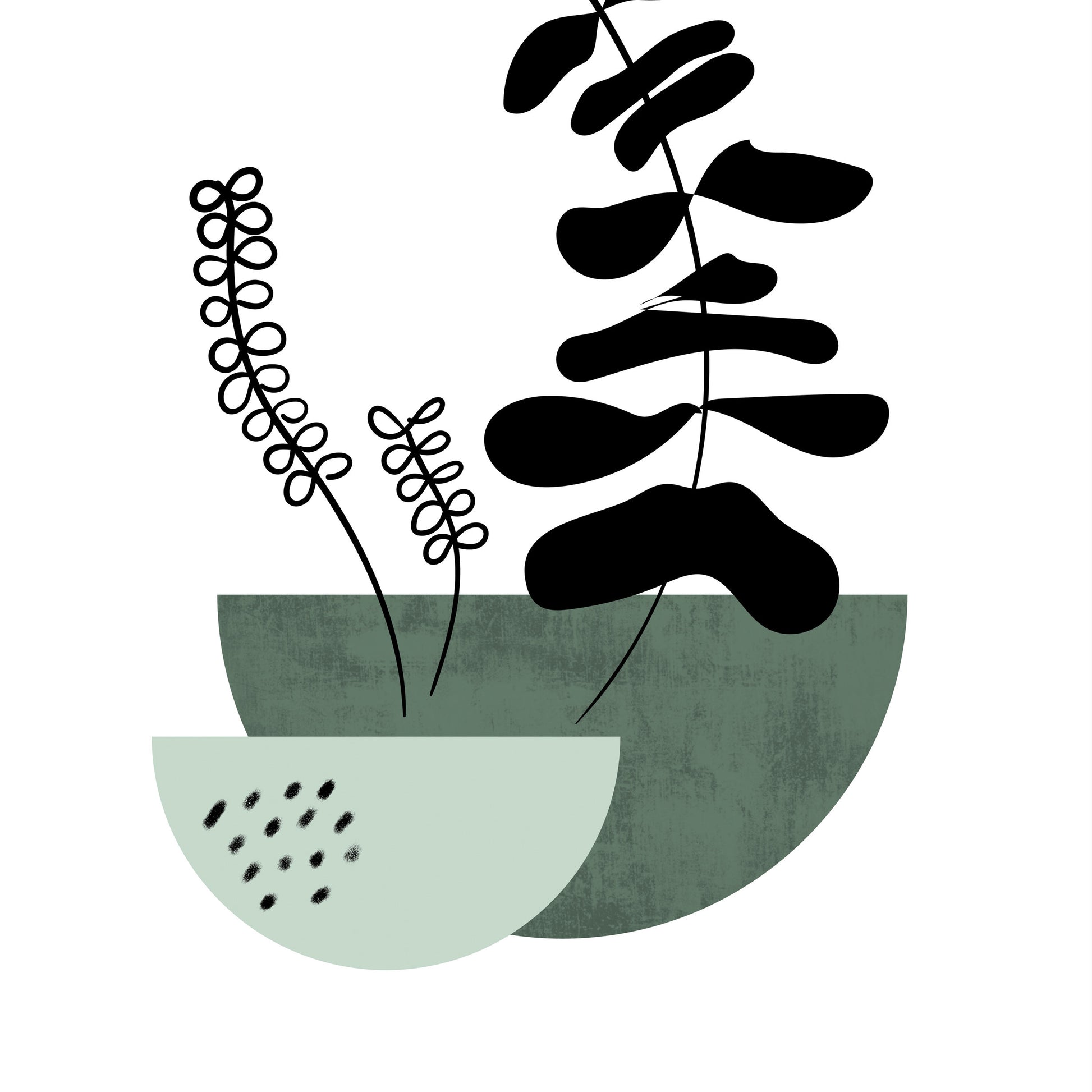 Minimalist botanical print with abstract black leaves in sage green semi-circle shapes