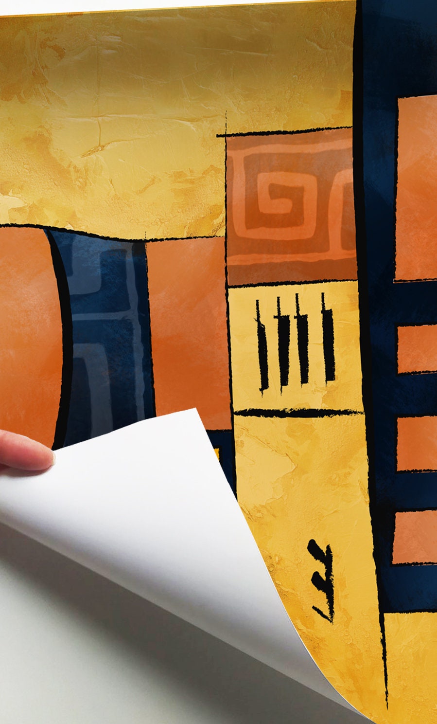 Abstract geometric tribal artwork print in warm tones, shown as an unframed poster detail