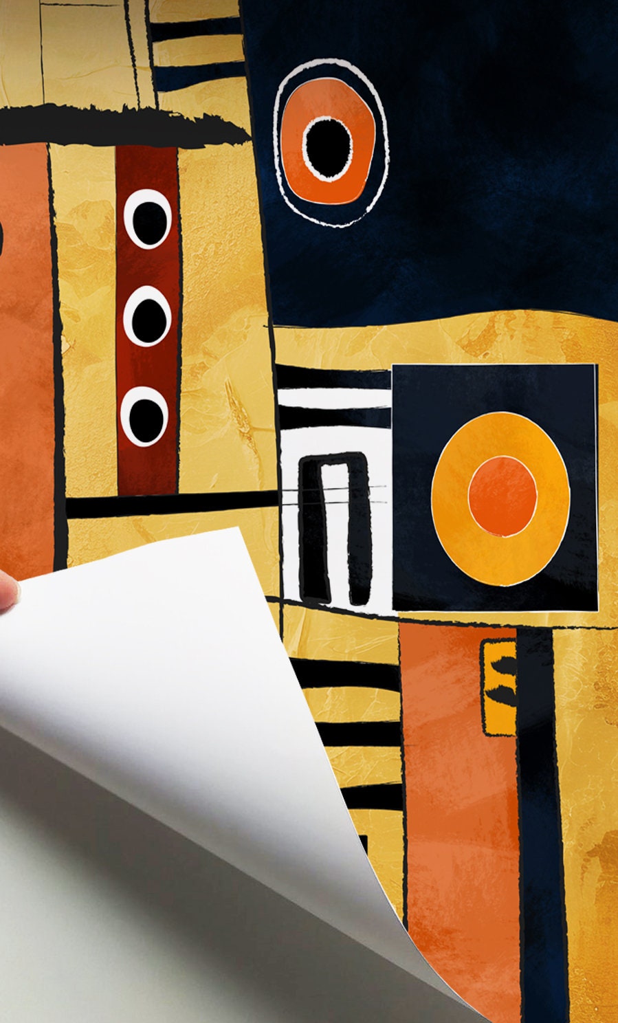 Close-up of geometric tribal wall art print showing bold abstract shapes and vibrant textures
