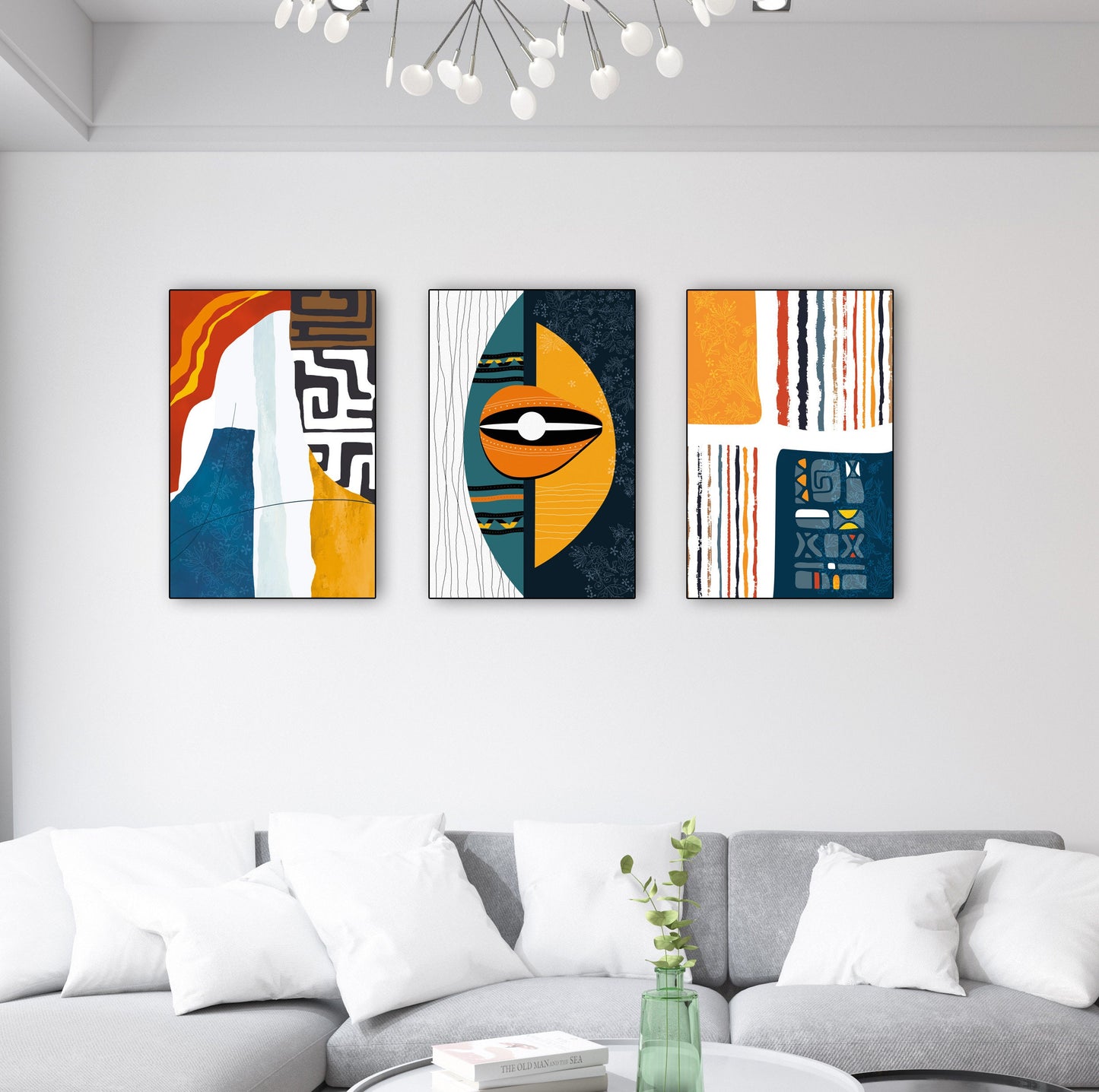 Contemporary African wall decor set with bold earthy tones, geometric tribal motifs, and cultural silhouette designs.