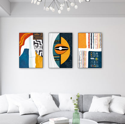 Contemporary African wall decor set with bold earthy tones, geometric tribal motifs, and cultural silhouette designs.