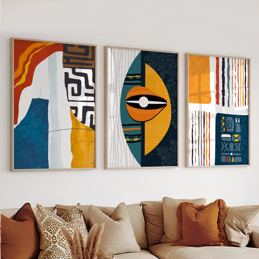 Set of 3 colorful African-inspired art prints featuring abstract shapes and ethnic patterns on a modern minimalist background.