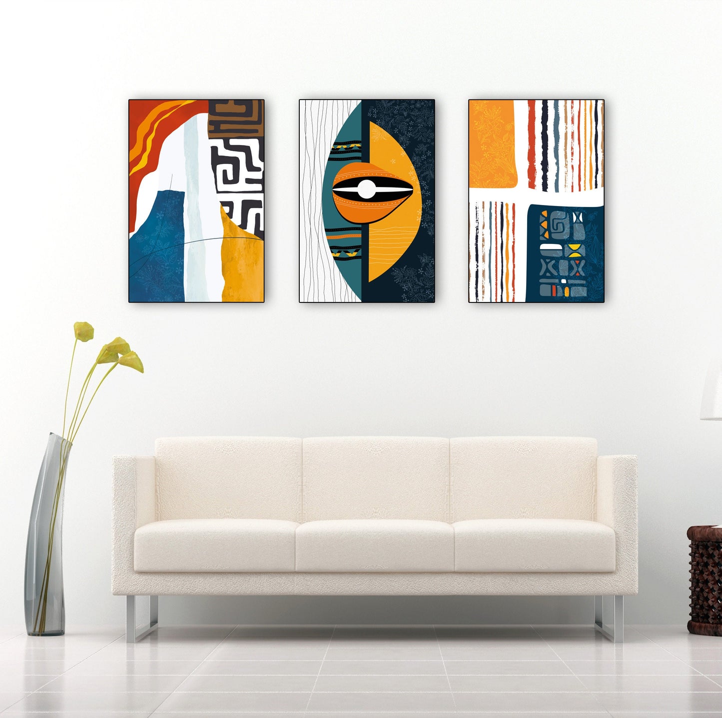 Modern gallery wall set of 3 African-inspired posters in warm, rich tones with minimalist cultural design accents.