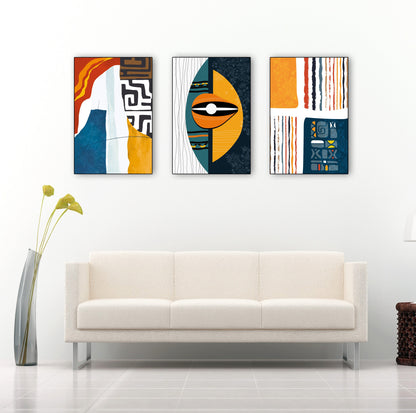 Modern gallery wall set of 3 African-inspired posters in warm, rich tones with minimalist cultural design accents.