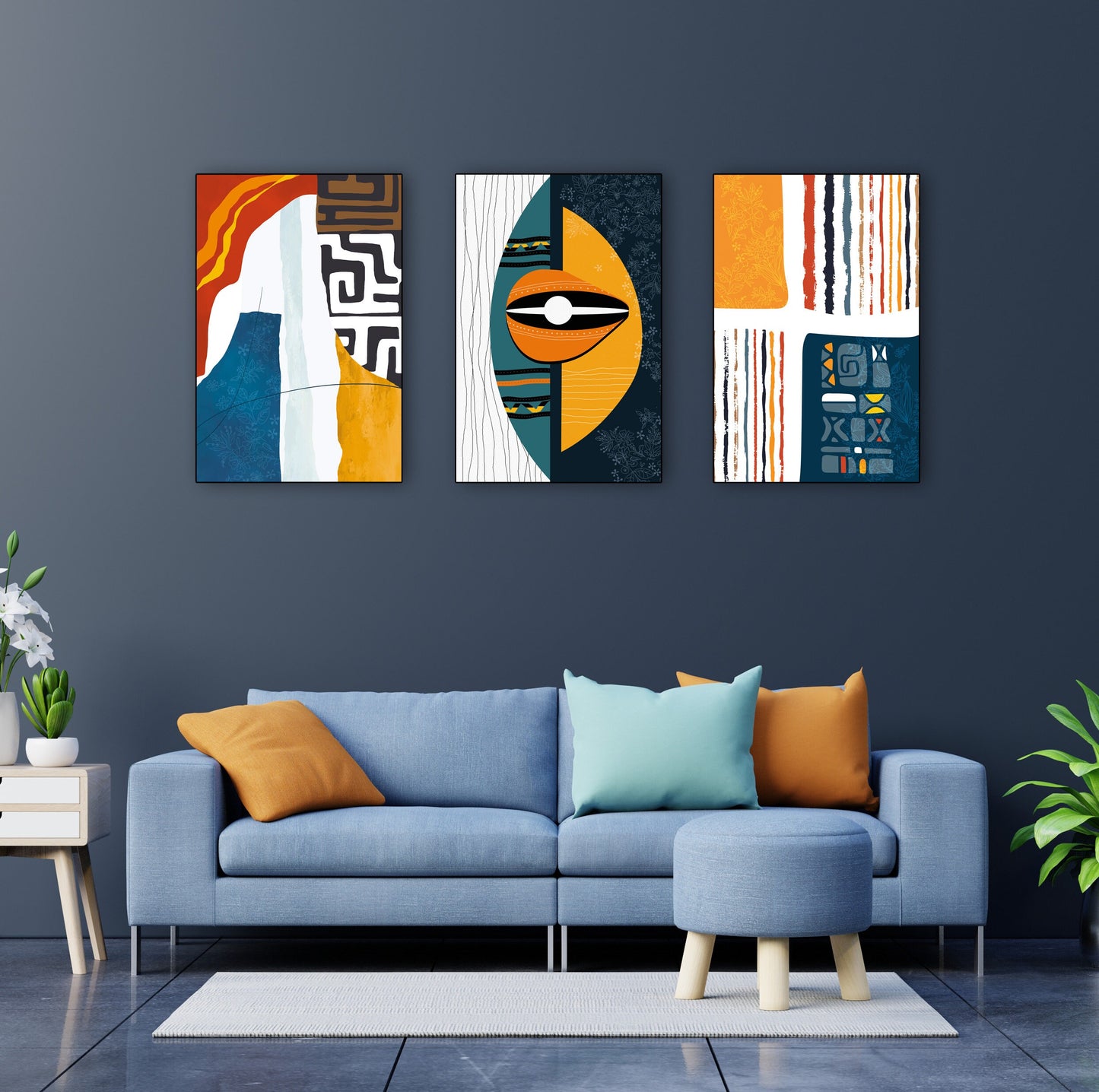 Decorative African artwork set combining abstract forms and traditional ethnic influences for a contemporary home interior.