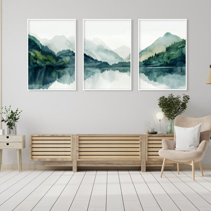 Modern minimalist mountain lake gallery wall set of 3 print. Nordic wall art emerald green nature landscape painting, scandinavian home gift idea