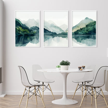 Modern minimalist mountain lake gallery wall set of 3 print. Nordic wall art emerald green nature landscape painting, scandinavian home gift idea