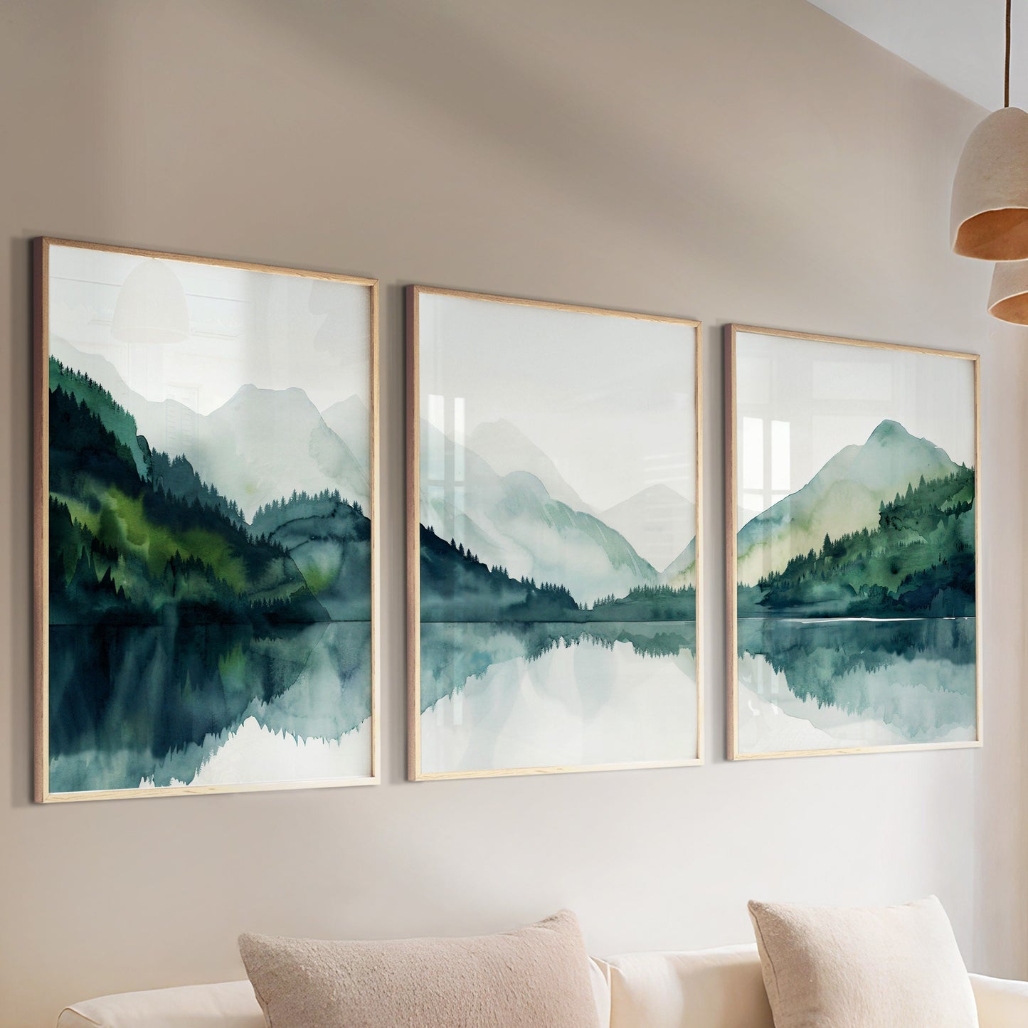 Modern minimalist mountain lake gallery wall set of 3 print. Nordic wall art emerald green nature landscape painting, scandinavian home gift idea