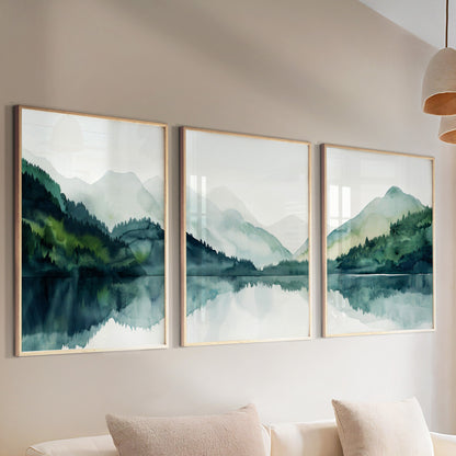 Modern minimalist mountain lake gallery wall set of 3 print. Nordic wall art emerald green nature landscape painting, scandinavian home gift idea