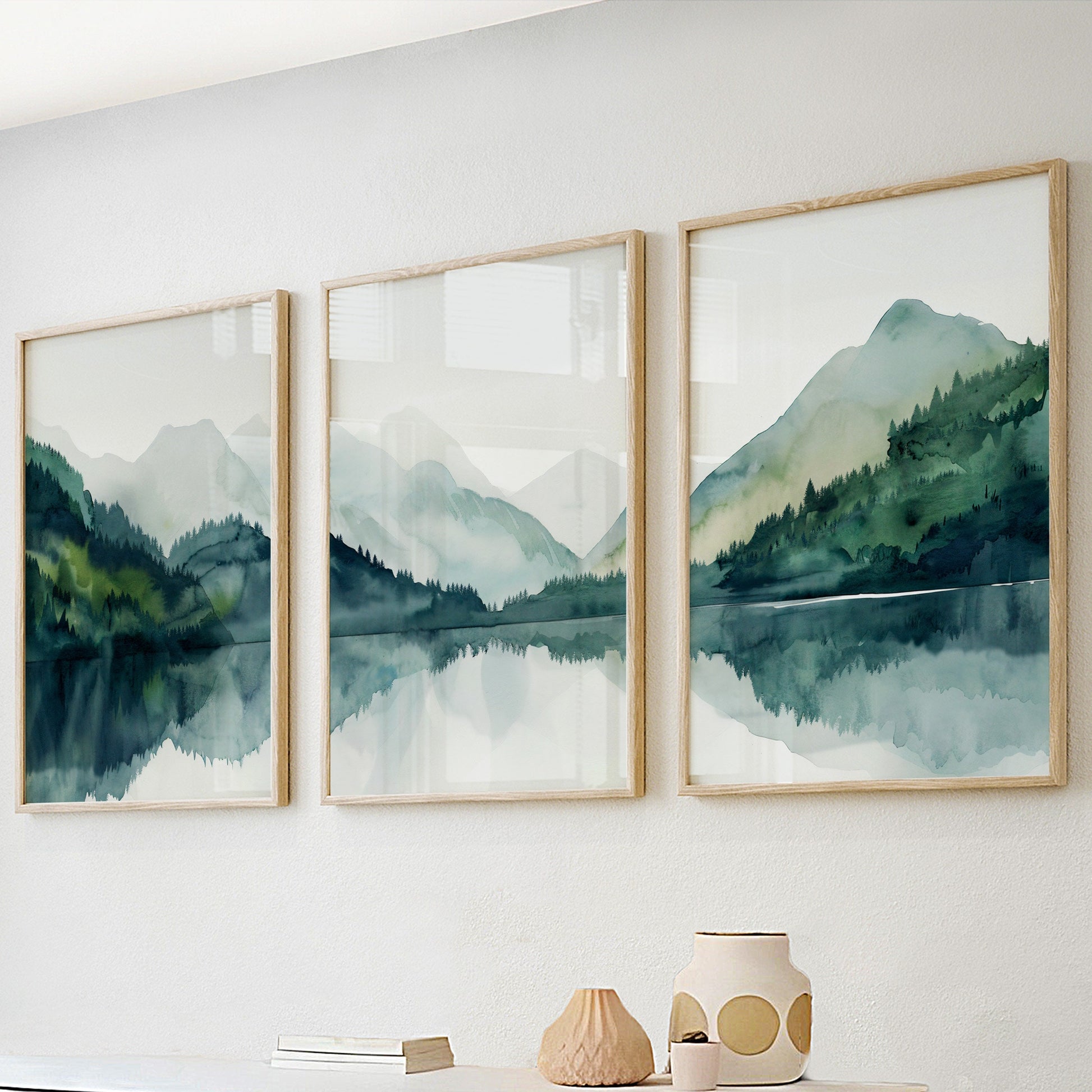 Modern minimalist mountain lake gallery wall set of 3 print. Nordic wall art emerald green nature landscape painting, scandinavian home gift idea