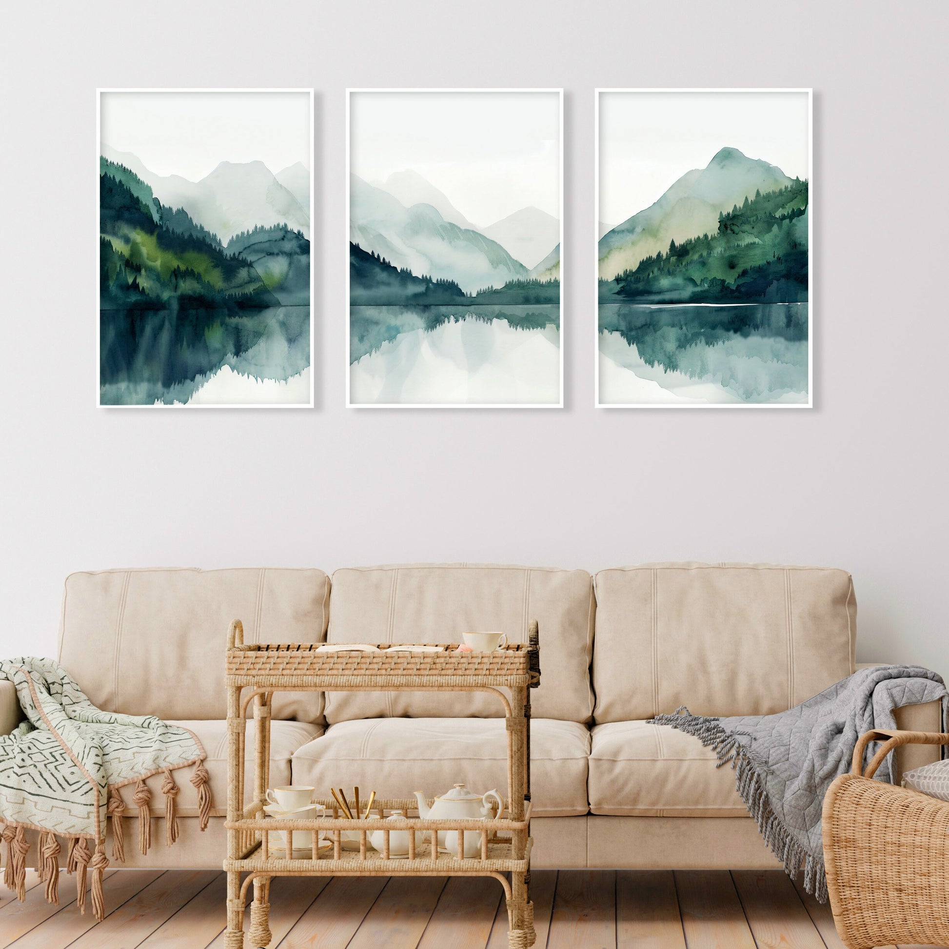 Modern minimalist mountain lake gallery wall set of 3 print. Nordic wall art emerald green nature landscape painting, scandinavian home gift idea