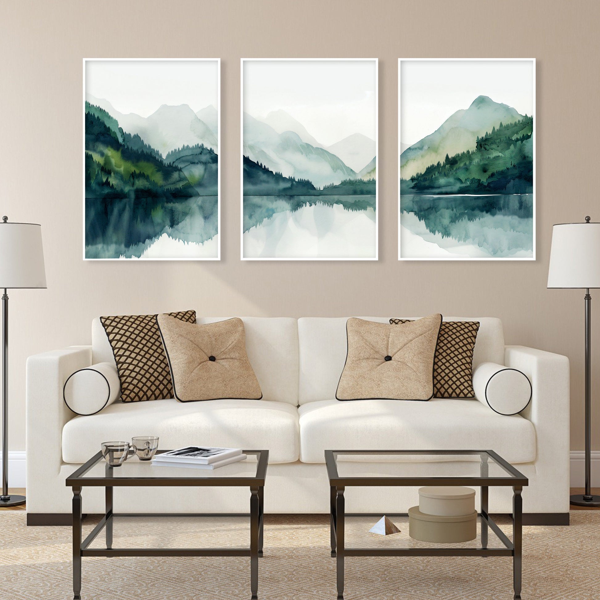 Modern minimalist mountain lake gallery wall set of 3 print. Nordic wall art emerald green nature landscape painting, scandinavian home gift idea