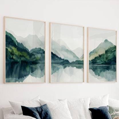 Modern minimalist mountain lake gallery wall set of 3 print. Nordic wall art emerald green nature landscape painting, scandinavian home gift idea