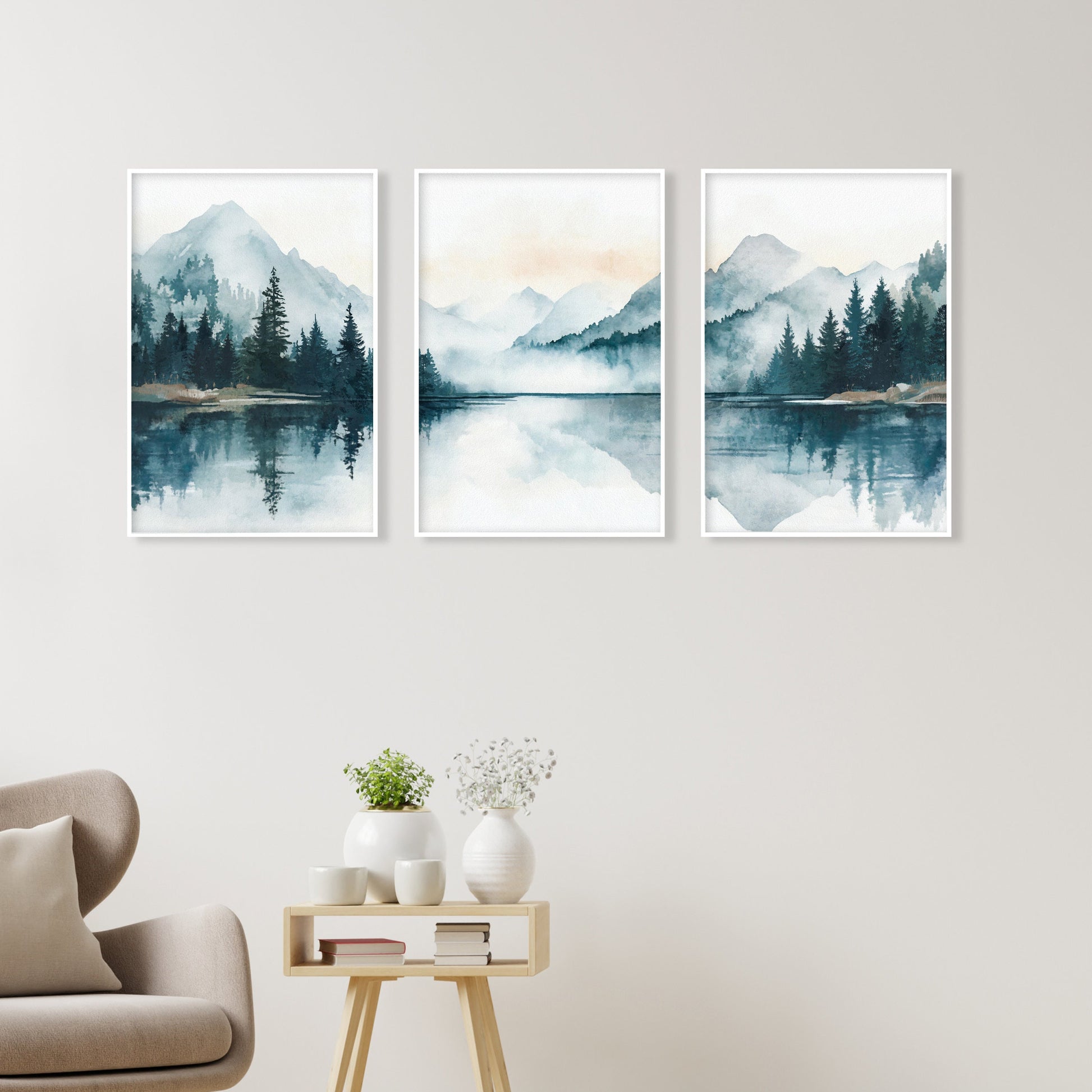 Contemporary mountain landscape prints in rich emerald greens and soft blues, perfect for a large eclectic gallery wall.