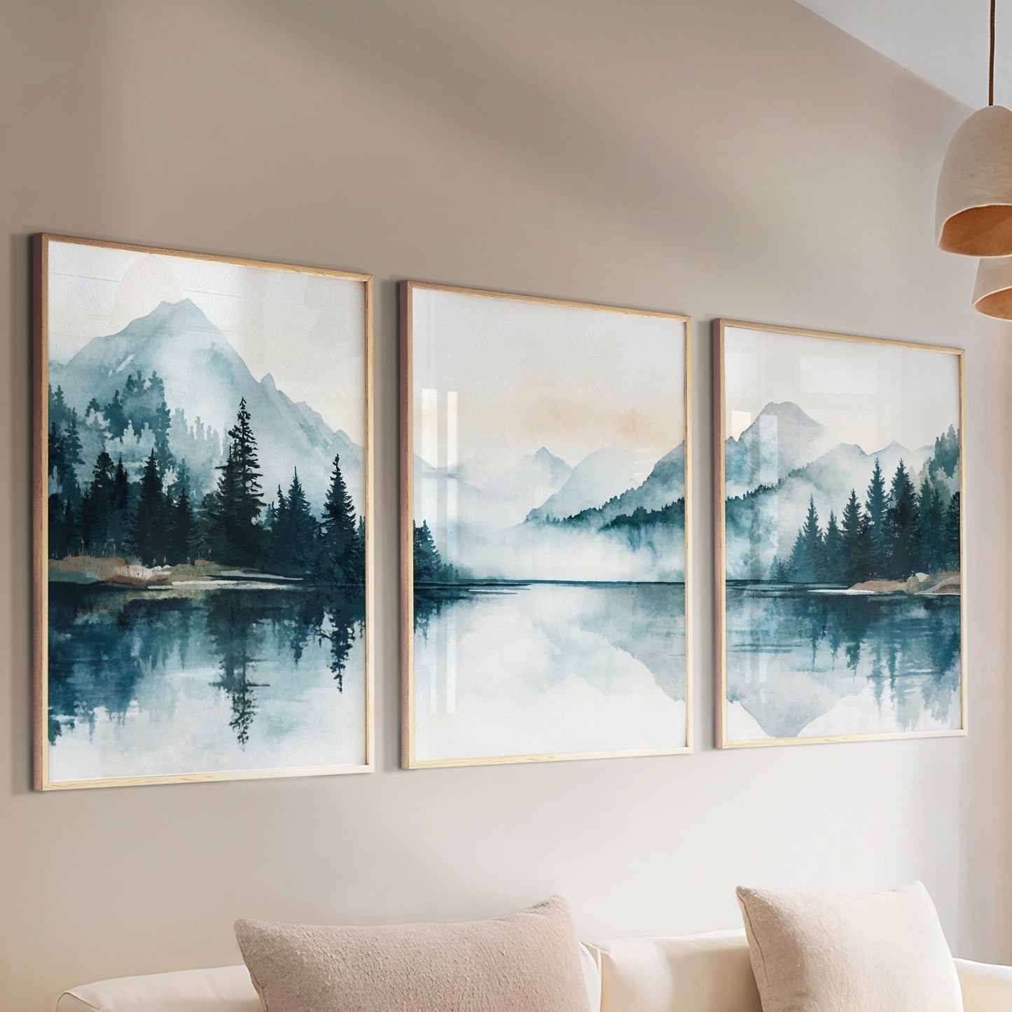 Nature-inspired wall decor set with emerald green peaks, blue skies, and serene misty layers in a minimalist composition.