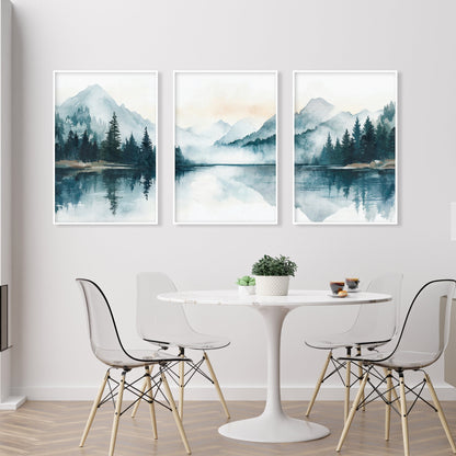 Large-format mountain landscape posters in emerald green and blue tones for stylish home and office interior decoration.