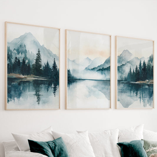 Modern emerald green and blue mountain wall art set of 3 featuring misty layered landscapes in a calming nature-inspired style.