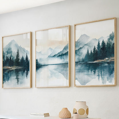 Triptych wall art with green and blue mountain scenery, printed on premium matte paper for a modern living room or bedroom.
