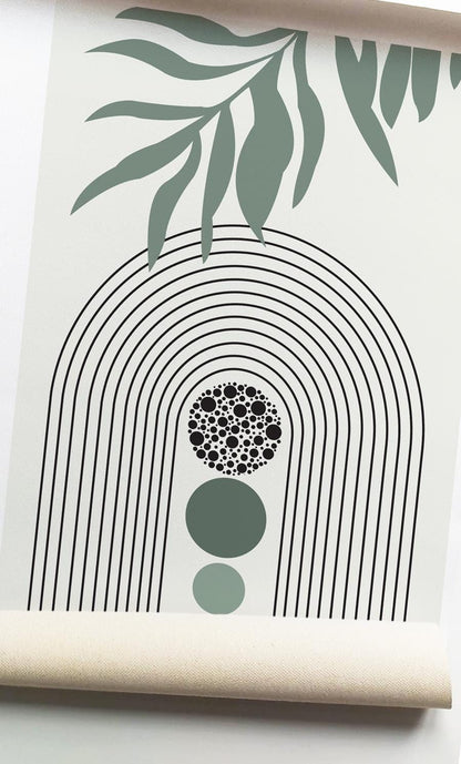 Minimalist sage green abstract botanical print with arch lines and circular shapes on canvas.