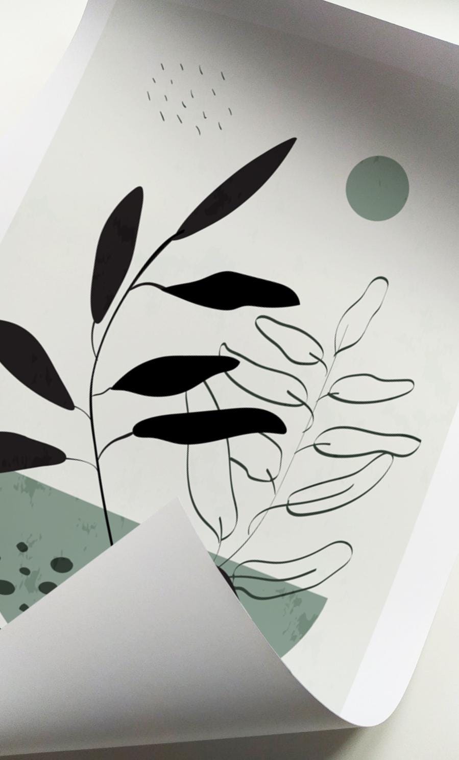 Botanical abstract print with sage green accents shown as an unframed rolled poster