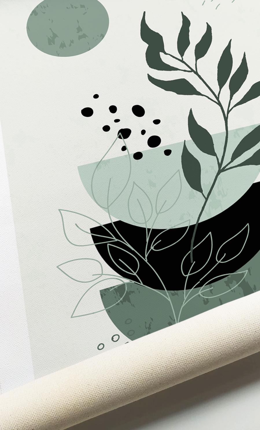 Abstract sage green botanical print with minimalist leaves and geometric shapes on canvas