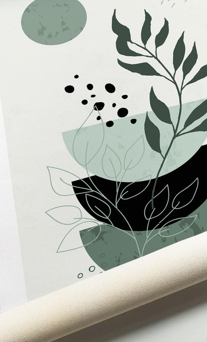 Abstract sage green botanical print with minimalist leaves and geometric shapes on canvas
