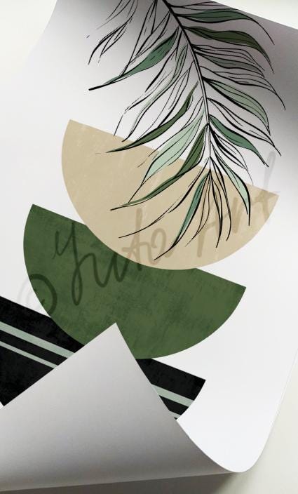 Abstract boho print with layered green and beige geometric shapes and botanical line art