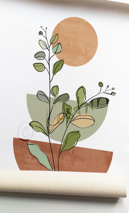 Modern botanical print with abstract terracotta and sage shapes on unframed canvas