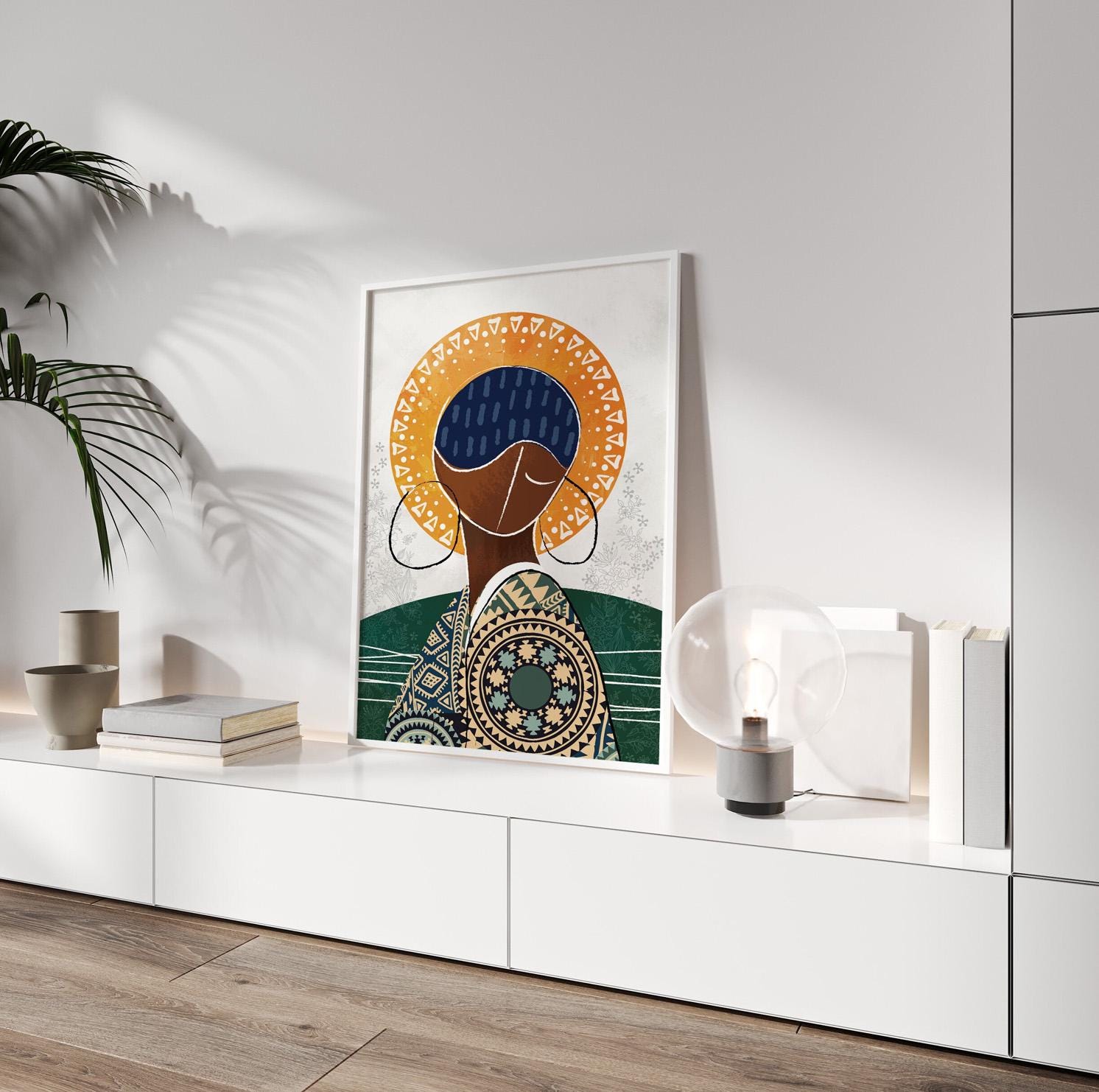 Abstract African American portrait wall decor for living room.