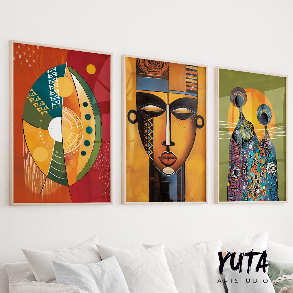 Abstarct african american art set of 3 print. Black wall art, ethnic gallery wall set. Modern colorful minimalist above bed african wall art