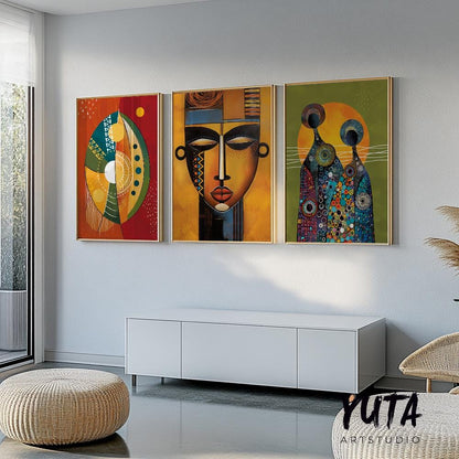 Abstarct african american art set of 3 print. Black wall art, ethnic gallery wall set. Modern colorful minimalist above bed african wall art