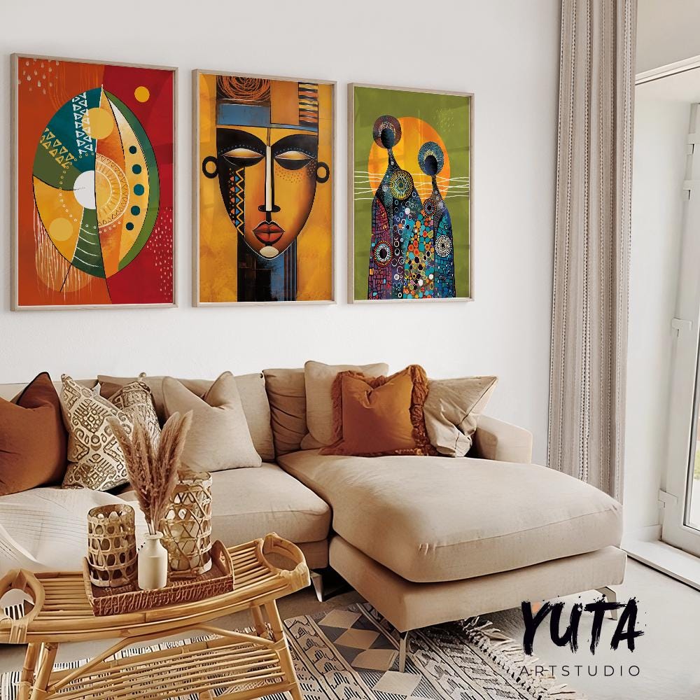 Abstarct african american art set of 3 print. Black wall art, ethnic gallery wall set. Modern colorful minimalist above bed african wall art