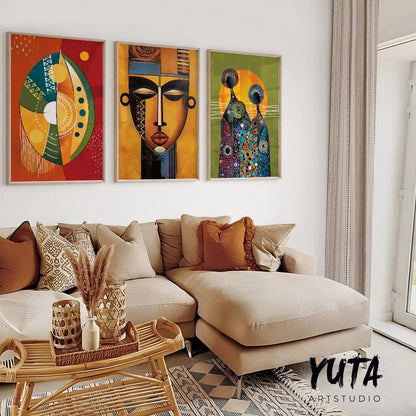 Abstarct african american art set of 3 print. Black wall art, ethnic gallery wall set. Modern colorful minimalist above bed african wall art