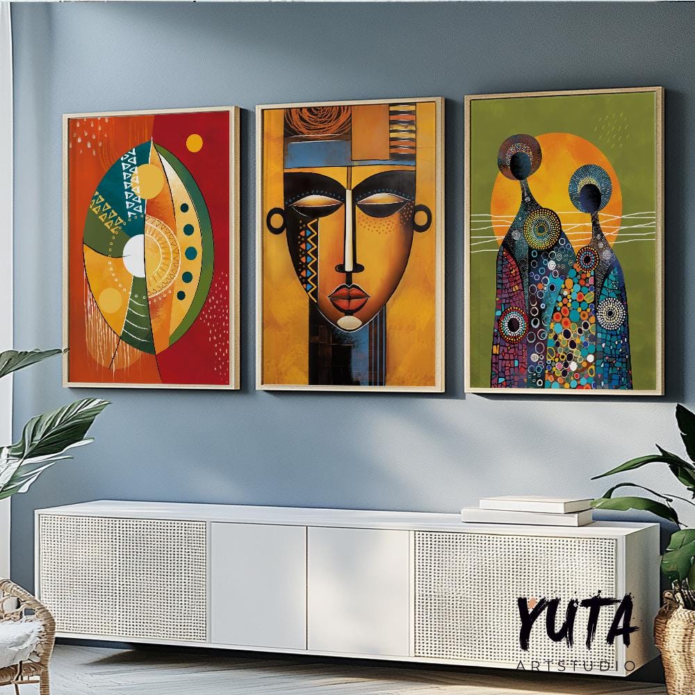 Abstarct african american art set of 3 print. Black wall art, ethnic gallery wall set. Modern colorful minimalist above bed african wall art