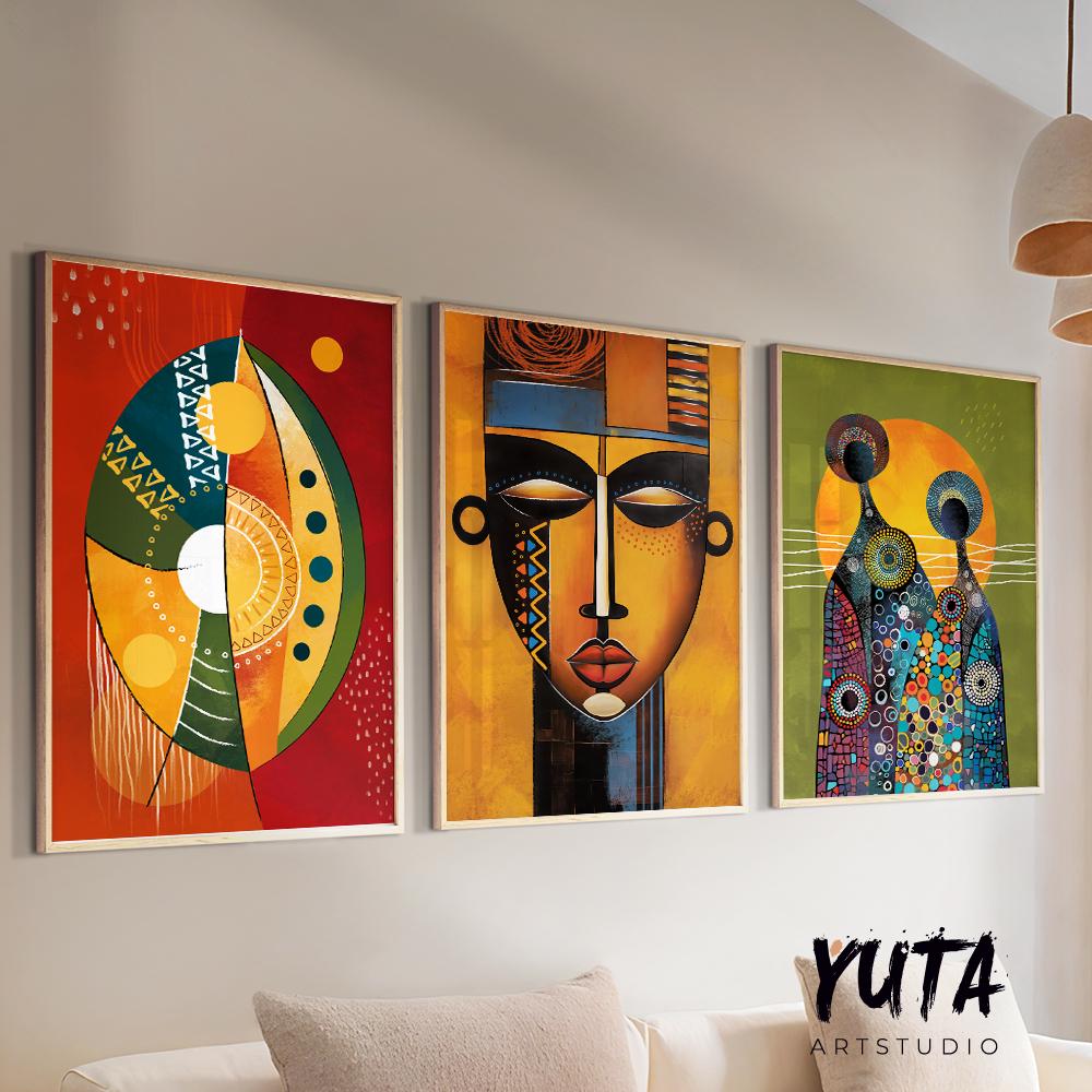 Abstarct african american art set of 3 print. Black wall art, ethnic gallery wall set. Modern colorful minimalist above bed african wall art