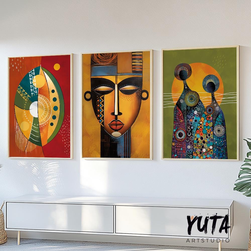 Abstarct african american art set of 3 print. Black wall art, ethnic gallery wall set. Modern colorful minimalist above bed african wall art