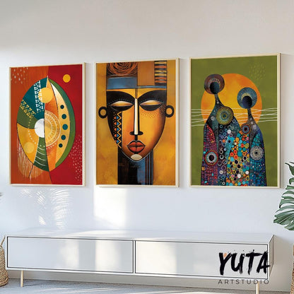 Abstarct african american art set of 3 print. Black wall art, ethnic gallery wall set. Modern colorful minimalist above bed african wall art