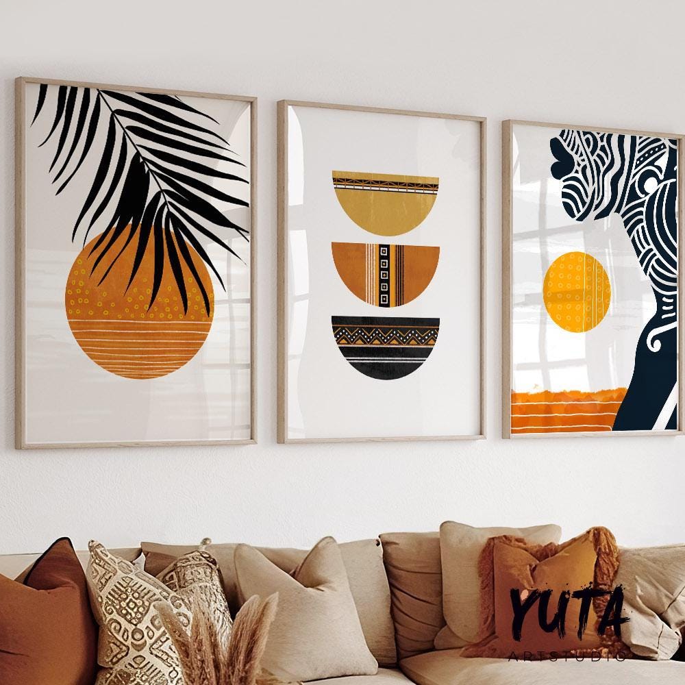 Ethnic wall art set featuring African American women in terracotta tones, perfect for bohemian living room gallery wall